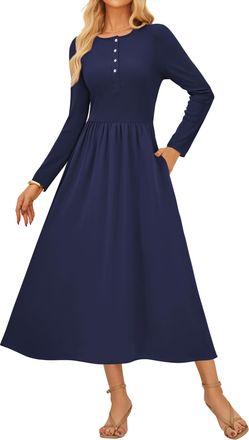 Grace Karin Long Sleeve Winter Formal Dresses for Women, Crew Neck Jumper Dress with Pockets Prom Cocktail, 1920s Bridesmaid Dresses Dark Blue M