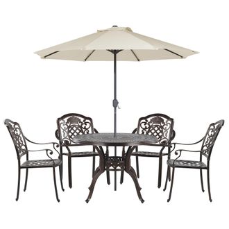 Beliani Conjunto De Comedor 4 Plazas De Metal Marr&oacute;n Beige Sillas Cojines Sombrilla Salento