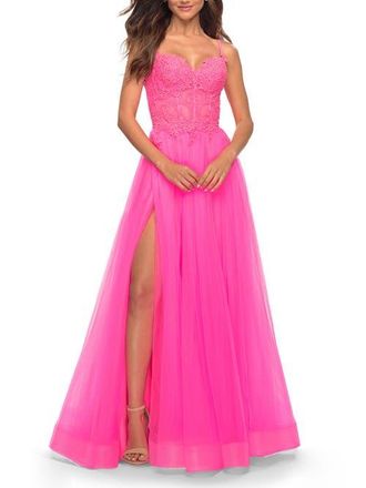 La Femme Neon Pink Tulle and Lace Ballgown with Illusion Bodice at Nordstrom, Size 10