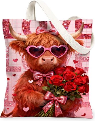 Generic ValentineS Day Animal Canvas Tote Bags, Cute Heart Pattern Reusable Bags, Fun Chic Lightweight Washable Shoulder Strap Can, Peach, 13x15 Inch