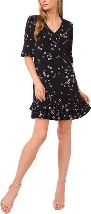 CeCe by Cynthia Steffe Floral Double Flounce Hem Knit Dress in Rich Black at Nordstrom, Size Medium