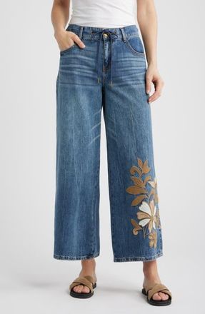 Wit & Wisdom Flower Appliqu&eacute; High Waist Wide Leg Jeans in Mid Blue Artisanal at Nordstrom, Size 18