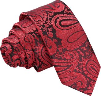 DQT Paisley Floral Patterned Wedding Skinny Neck Tie for Men in Black & Red
