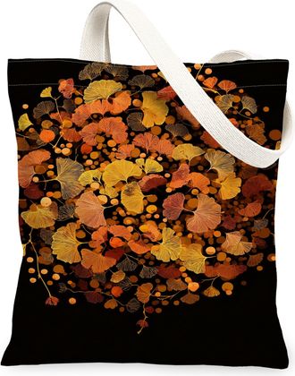 Generic Autumn Leaves Canvas Tote Bags, Stylish Ginkgo Plant Pattern Reusable Grocery Bags, Lightweight Washable Shoulder Strap Can, Black, 13x15 Inch