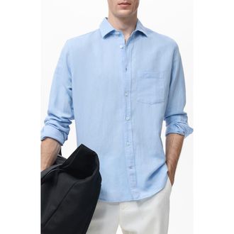 Mango Classic Fit Linen & Cotton Button-Up Shirt in Sky Blue at Nordstrom, Size Xx-Large