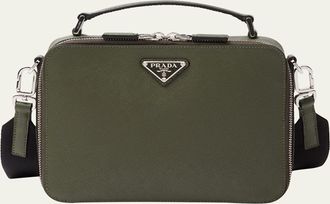 Prada Mens Saffiano Leather Brique Crossbody Bag w/ Nylon Strap