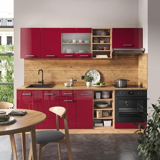 Vicco Mueble De Cocina R-line, Burdeos Brillo Intenso/roble Dorado, 240 Cm Sin Encimera, Vicco