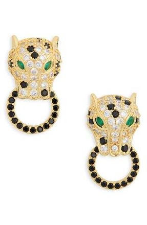 Eye Candy Los Angeles Mindy Cubic Zirconia Leopard Doorknocker Drop Earrings in Gold at Nordstrom Rack