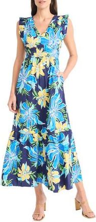 Maggy London Floral Ruffle Midi Dress in Navy/Blue at Nordstrom Rack, Size 18 (Similar To 16W)