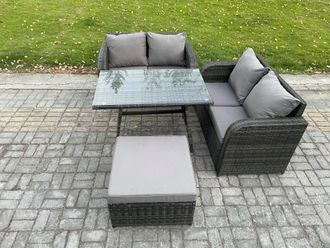 Fimous Outdoor Garden Furniture Sets 4 Pieces Wicker Rattan Furniture Sofa Set with Rectangular Dining Table in Dark Grey