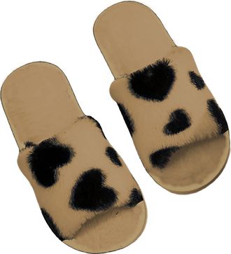 Generic Ladies Slippers Cozy Open Toe Indoor Shoes Soft Fleece Comfortable Loafers For Home Wear Heart Pattern Design Slippers For Women(Brown, 3-4)