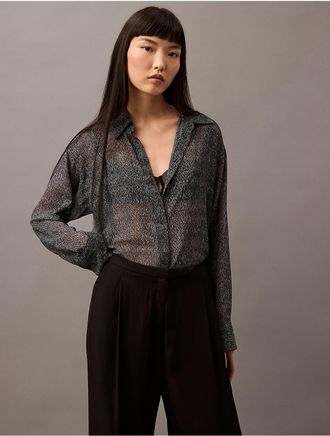 Calvin Klein Womens Chiffon Printed Relaxed Button-Down Shirt - Black - S