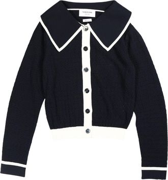 Thom Browne contrasting-trim pointelle-knit cotton cardigan - women - Cotton - 42 - Blue