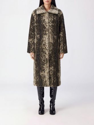 Nude Long Alpaca Wool Coat with an Abstract Pattern and a Classic Collar