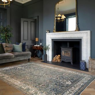 Kukoon Traditional Vintage Cotton Rug Green Beige Machine Washable in Olive | Size: 200 cm x 290 cm