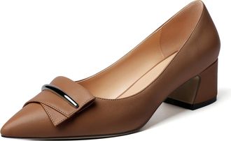 EDEFS Women Pointed Toe Block Heel Pumps Slip on Low Heels Pointed Toe Court Shoes Classic Buckle Design 2 Block Heeled Shoes Matte Brown UK2