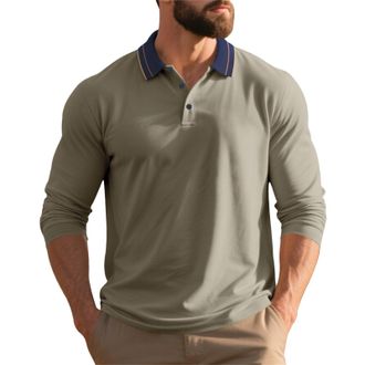 Generic Mens Long Sleeve Polo Shirt - Button Down Classic Style, Pullover Sweatshirt Fabric, Contrast Collar Detail, Timeless Polo for Daily Wear Brown