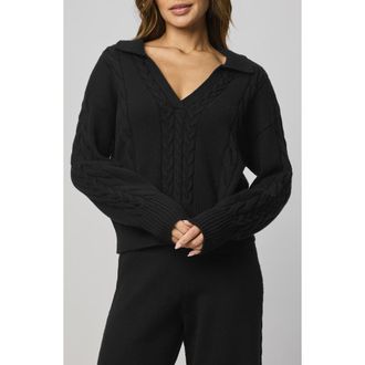 Splendid Jet Set Cable Stitch Polo Sweater in Black at Nordstrom, Size Small