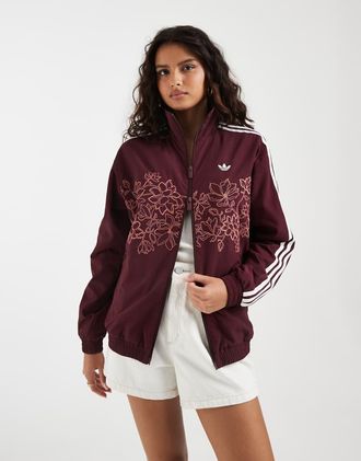 adidas Originals Firebird felpa sportiva ampia con ricamo floreale bordeaux-Rosso
