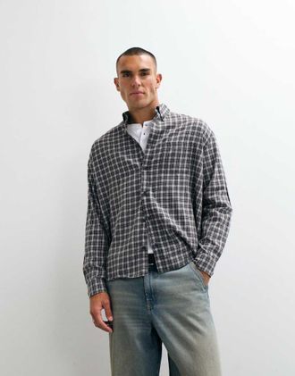 Weekday camicia flanella a maniche lunghe a quadri grigi-Grigio