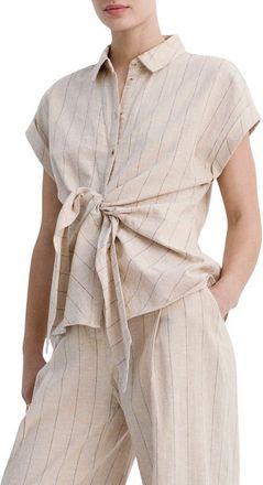 Mango Pinstripe Tie Waist Linen & Cotton Shirt in Brown at Nordstrom, Size 8