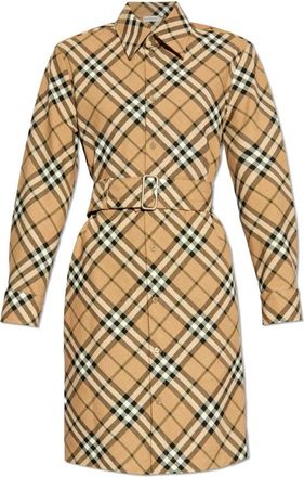 Burberry Jurk met Ruitpatroon - Dames - Shirt Kleedjes - Beige - 3XS - Katoen - Kleedjes