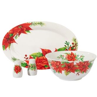 Gibson Home 4 Piece Ceramic Serving Set With Poinsettia Decorations in Red at Nordstrom