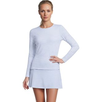 Lands End Plus Size Crew Neck Long Sleeve Rash Guard UPF 50 Sun Protection Swim Tee in Soft Cloud Blue Mini Stripe at Nordstrom, Size X-Small P