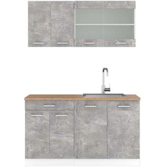 Vicco Cucina monoblocco R-Line, Cemento/Bianco, 140 cm, pl Rovere