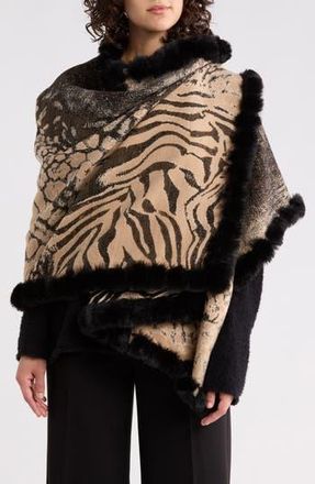 La Fiorentina Faux Fur Trim Animal Print Ruana in Black at Nordstrom Rack
