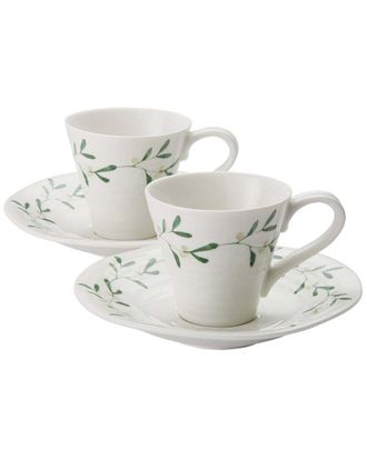 Portmeirion Set Of 2 Sophie Conran Mistletoe 3Oz Espresso Cups & Saucers