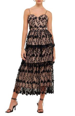 endless rose Floral Embroidered Tiered Dress in Black at Nordstrom, Size X-Small