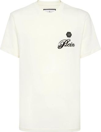 Philipp Plein Tops, Heren, Beige, 2Xl, Katoen, Printed Round Neck T-Shirt Signature
