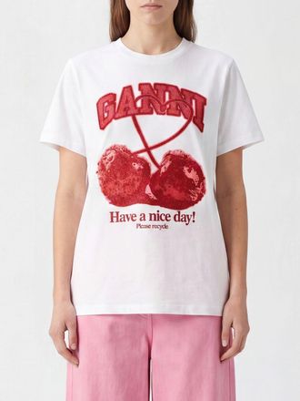 Ganni T-shirt in cotone a girocollo con logo stampato a contrasto