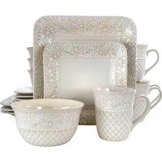 Elama Ivory Lotus 16 Piece Square Dinnerware Set in White at Nordstrom