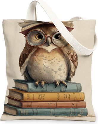 Generic Vintage Owl Canvas Tote Bags, Fanciful Bird Design Reusable Grocery Bags, Lightweight Washable Shoulder Strap Canvas for Tr, Beige, 13x15 Inch