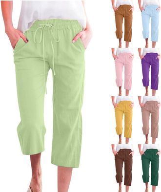 Generic Women Linen Cropped Trousers with Elasticated Waist Ladies Wide Leg Trousers with Pockets Solid Color Baggy Knee Length Shorts Stretchy Lightweight Su