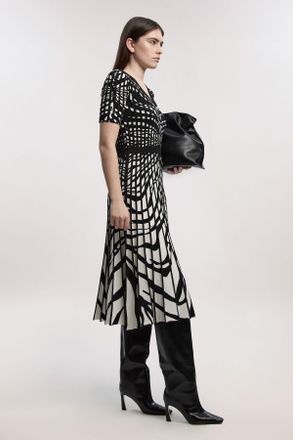 Karen Millen Womens Petite Zebra Jacquard Knit Full Skirted Short Sleeve Midi Dress - Monochrome Multi - Size X-Small