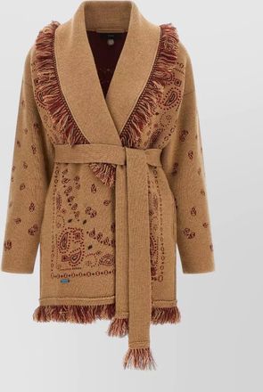 Alanui cashmere bandana jacquard fringed belted oversized cardigan