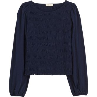 Madewell Smocked Boat Neck Long Sleeve Cotton Top in Midnight Navy at Nordstrom Rack, Size Xx-Small