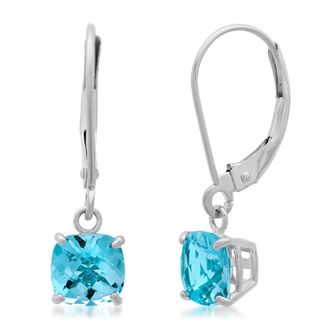 MAX + STONE Solid 10K White Gold Cushion Cut Dangle Gemstone Leverback Earrings