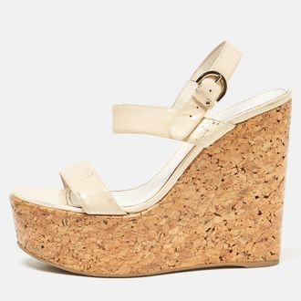 Sergio Rossi Cream Patent Leather Ankle Strap Cork Platform Wedge Sandals