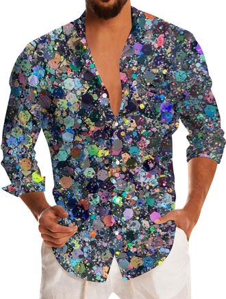 Generic Sequin Shirt for Men Long Sleeve Sparkly Mens Shirts Casual Printed Shirt Button Down Stylish Floral Geometric Pattern Comfortable Daily Wear Breathab