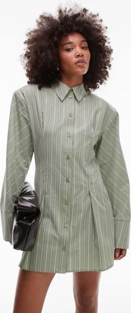 Asos Vestito camicia corto verde salvia e bianco a righe raccolto con spalline imbottite-Multicolore