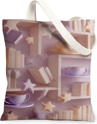 Generic Starry Bookshelf Canvas Tote Bags, Literary Pattern Reusable Grocery Bags, Spring Vintage Washable Shoulder Strap for Trave, Lavender, 13x15 Inch