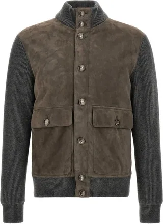 Brunello Cucinelli Jas met su&egrave;de panelen en ribgebreide details - Heren - Jassen - Grijs - Maat: M Su&egrave;de