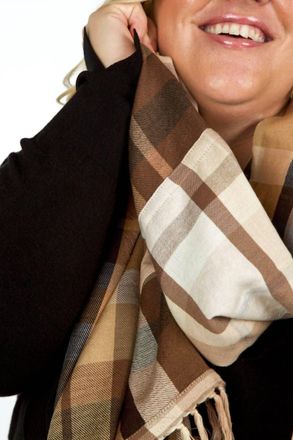 Echo Patched Plaid Wrap With Fringe In Semolina