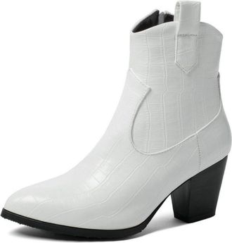 Generic Womens Pointed Toe Block Heel Cowboy Boots,Retro Western-Style,White,6.5 UK