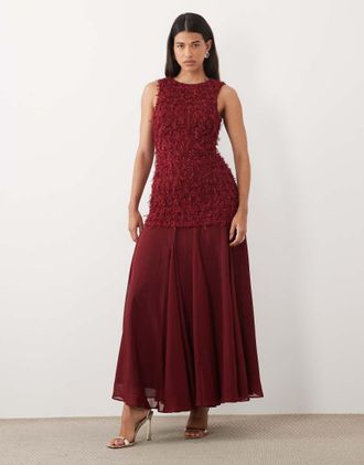 Asos vestito maxi con corpino in maglia morbida e gonna in chiffon bordeaux-Rosso