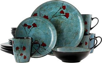 Elama Floral Accents 16 Piece Dinnerware Set in Blue at Nordstrom